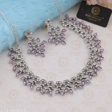 Silver Plated Necklace Set with Lavender Color Kundan Jewellery Sets