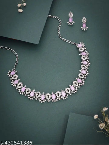 Lyriss Jewellery Women's Silver Plated Lavender Choker Necklace &amp; Matching Earrings Set