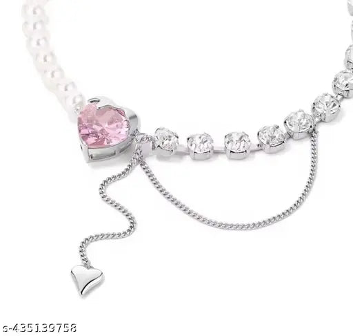 Stylish Korean Pink Heart Pearl Chain Necklace