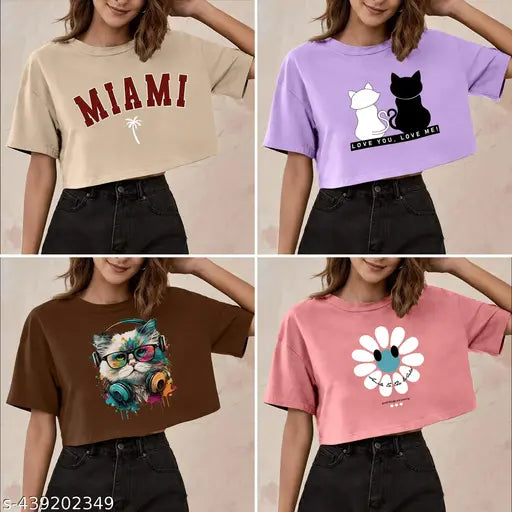 Trendy Fashionista Women Crop T-Shirt Tee Oversized Printed Pack of 4 Combo!