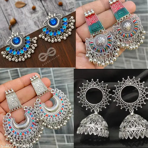 Combo of 4 Pair Latest Stylish Multicolor Oxidised Silver Combo Earrings