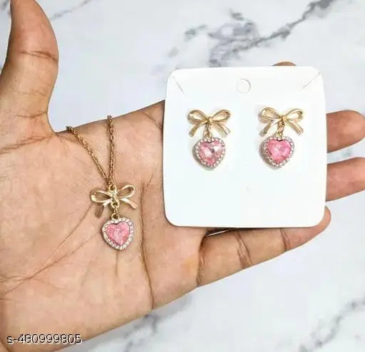 Cute Plastic Crystal Pink Affection Jewelry Duo Earring and Necklace Set