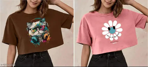 Trendy Fashionista Women Crop T-Shirt Tee Oversized Printed Pack of 4 Combo!